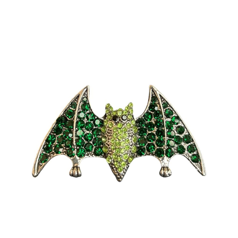 Rhinestoned Green or Gray Bat Brooch - Picture 2 of 3